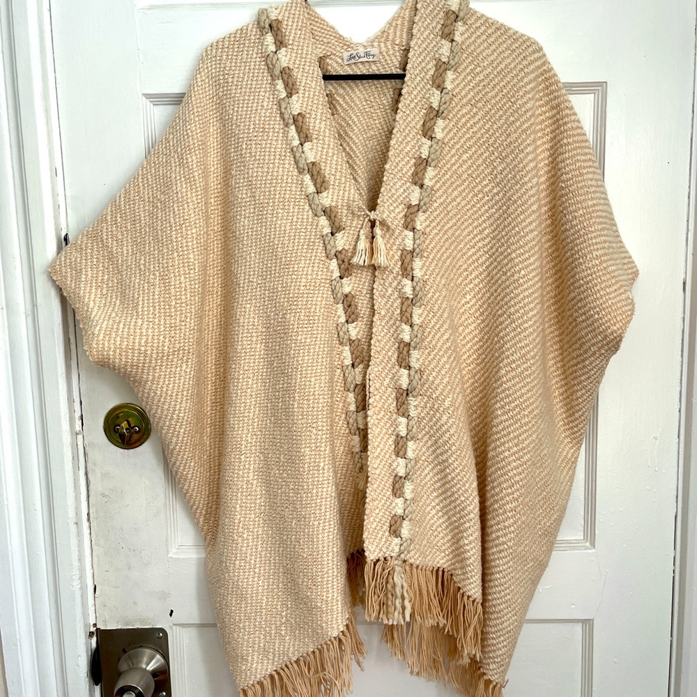 Love Shack Fancy Beige Knit Poncho with Fringe